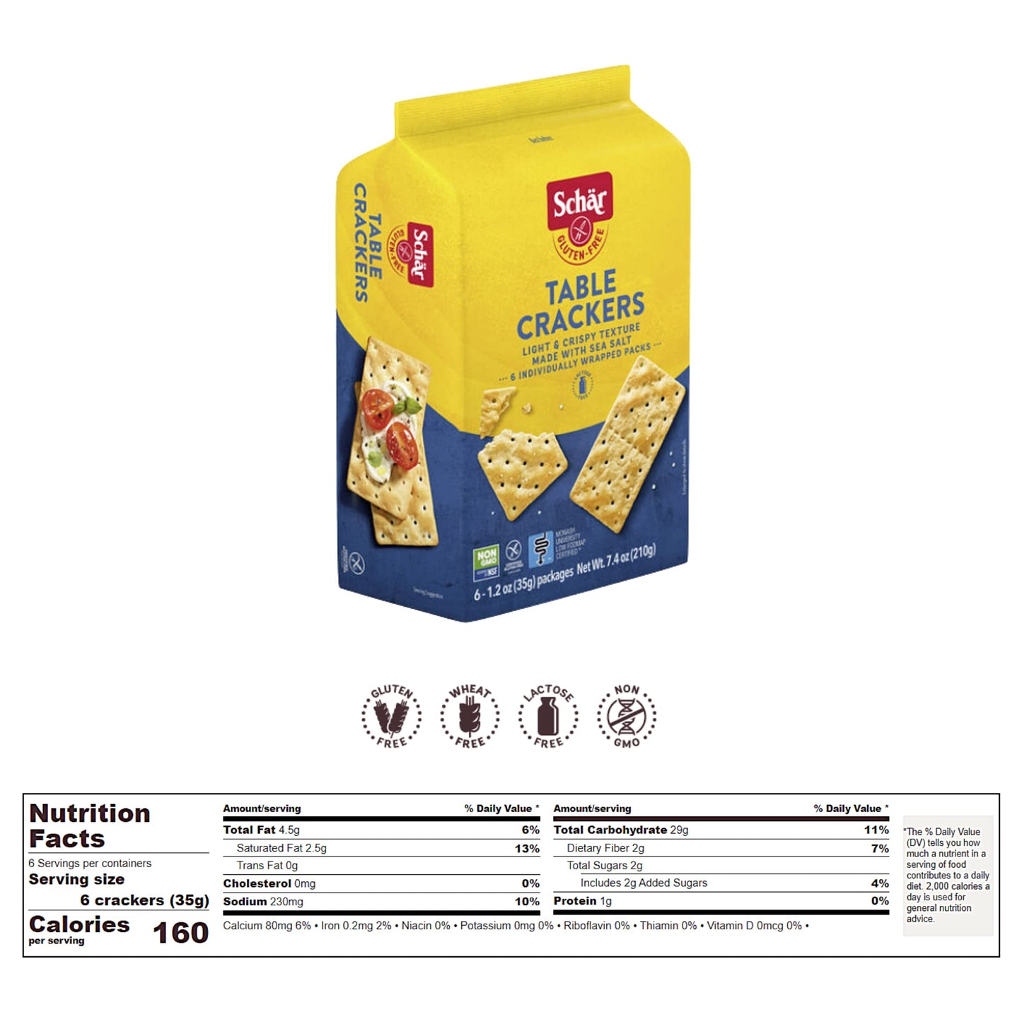 Schar - Table Crackers - Certified Gluten Free - No Gmo'S, Lactose, Or Wheat - (7.4 Oz) 6 Pack