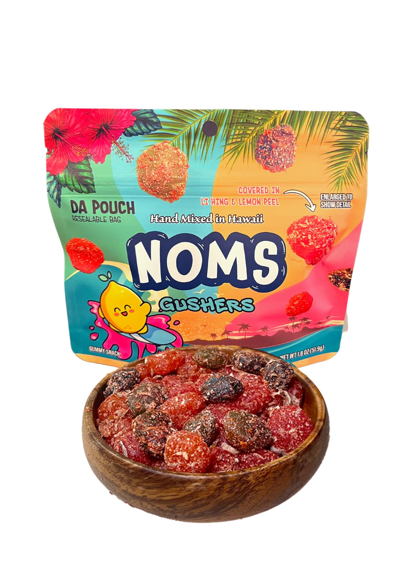 Hawaii Candy Factory | Noms Gushers - Da Pouch | Li Hing Lemon Peel Bursts | Local Hawaiian Favorite | Sweet Sour & Salty Gushers Candies (1.8 Oz)