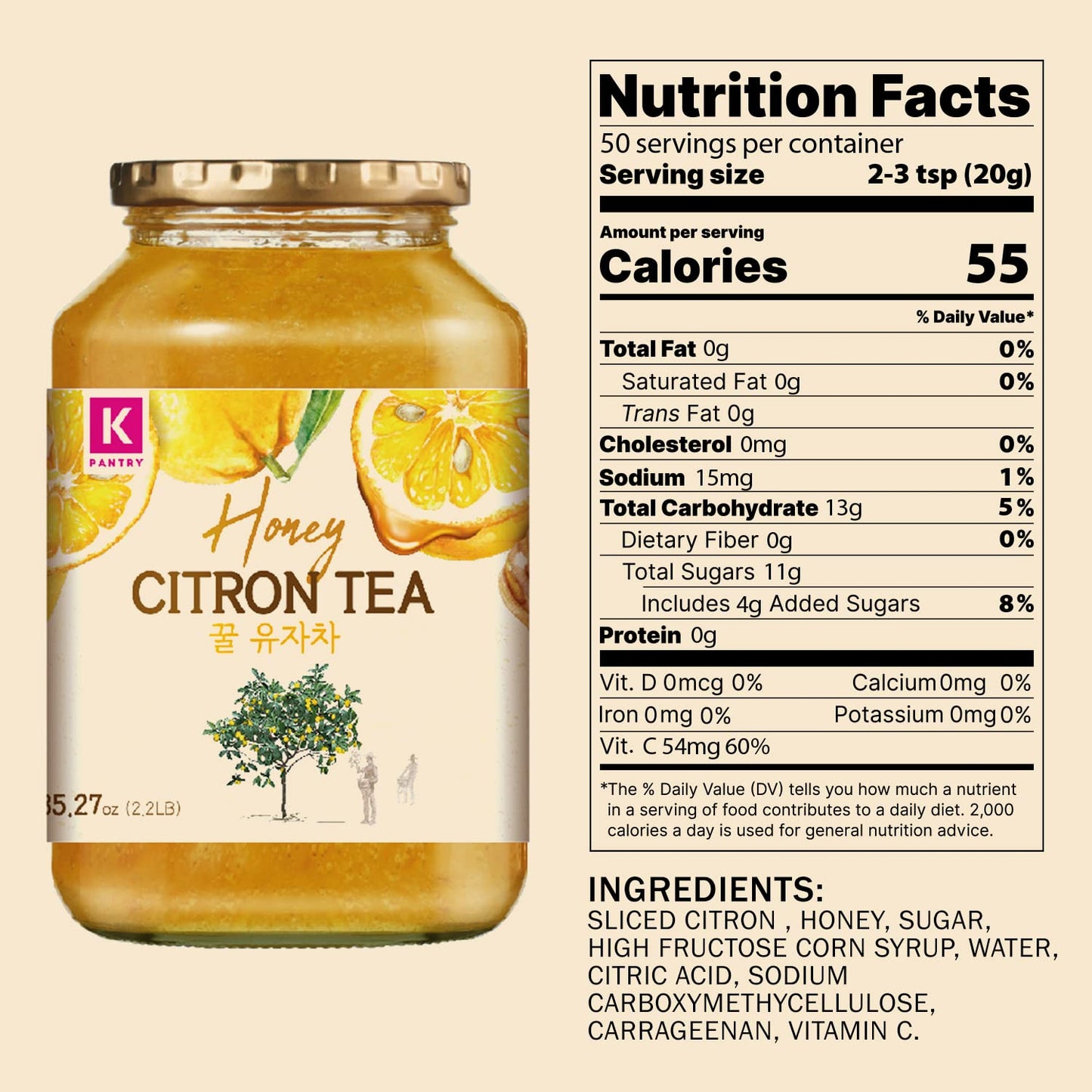 KPANTRY Honey Citron Tea - Korean Marmalade, Chemical-free Yuzu, 35.27 Fl Oz (Pack of 2) - Instant Hot or Cold Beverage