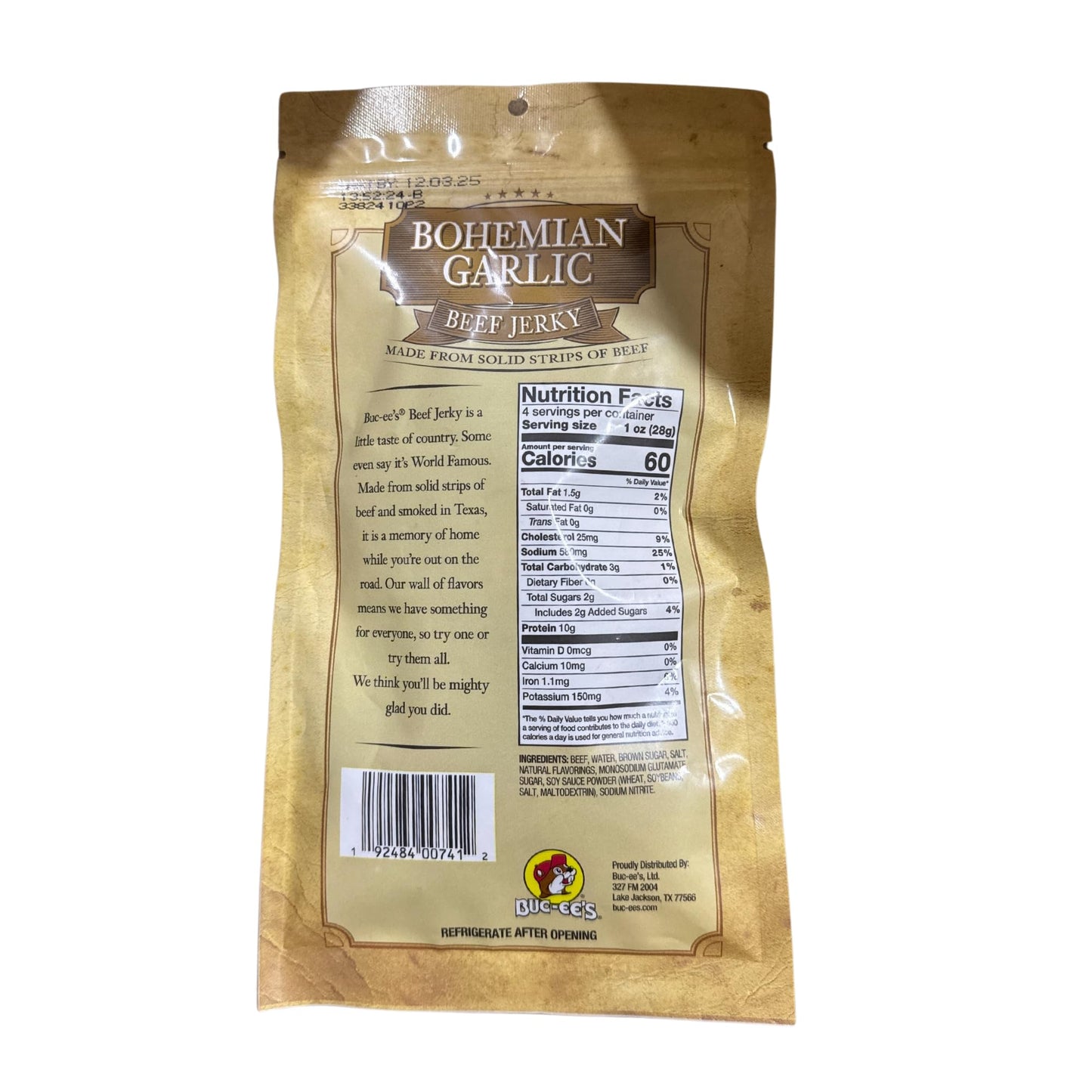 Buc-ees Smoked Garlic Beef Jerky, 100% Lean, 10g Protein, 4 Ounce Bag