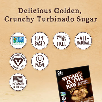 Sugar In The Raw Turbinado Cane Sugar Packets, 25 Ct, Pure, All-Natural Turbinado Sugar, Non-Gmo Project Verified, Kosher, Vegan