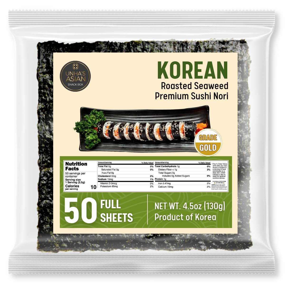 Premium Sushi Nori, GOLD GRADE, Crispy Roasted Seaweed (50 Full Sheets), All Natural, Vegan, Rolls, Sushi, Onigiri, Korean Gimba
