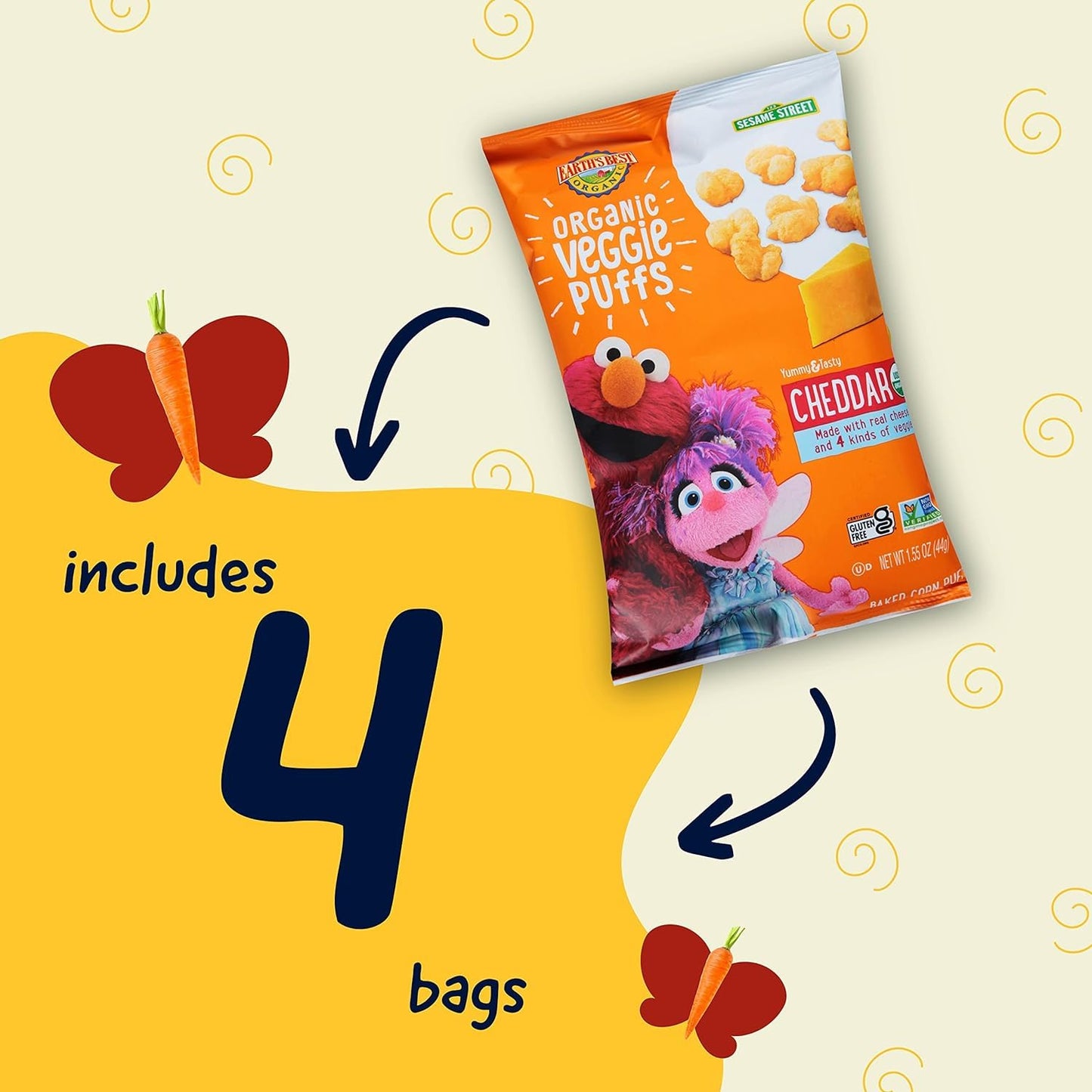 Earths Best Organic Kids Snacks, Sesame Street Toddler Snacks, Organic Cheddar Veggie Puffs, Gluten Free Snacks for Kids 2 Year