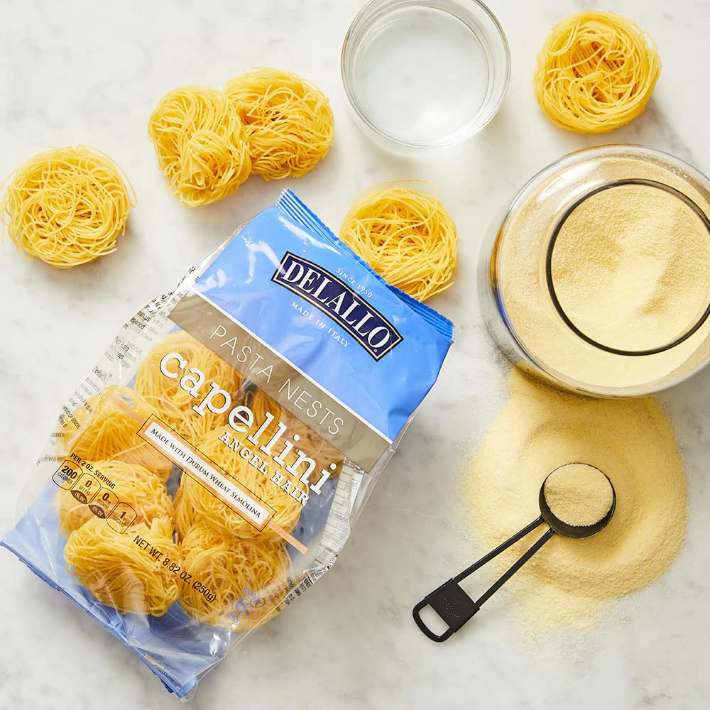 Delallo Capellini Egg Pasta Nests, Angel Hair Long-Cut Pasta, 8.8Oz Bag