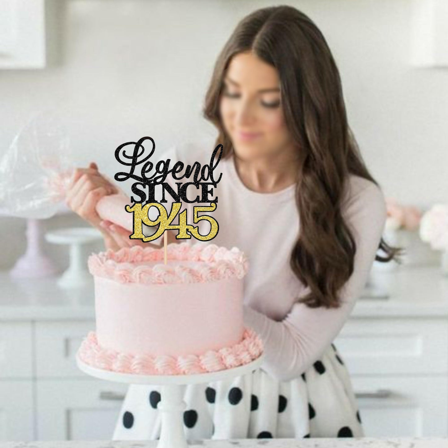 Rssta i Cake Topper 80th Birthday Decoration Black Gold Glitter Paper Model XM398