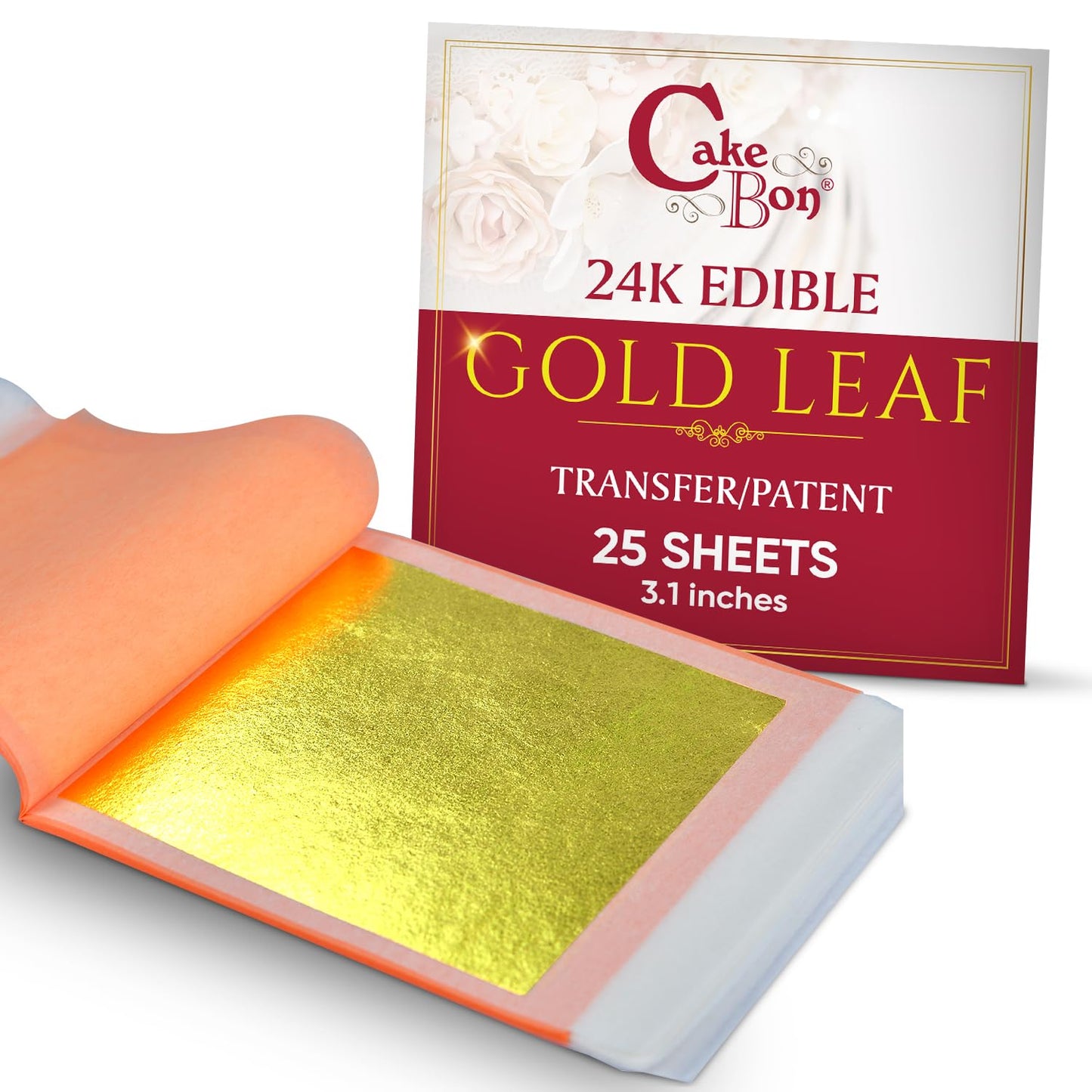 Edible Gold Leaf 24K By Cakebon - Cake Decorations Transfer Innovative Design Leaf Sheets - 3.1 Inches 25 Gold Foil Sheets