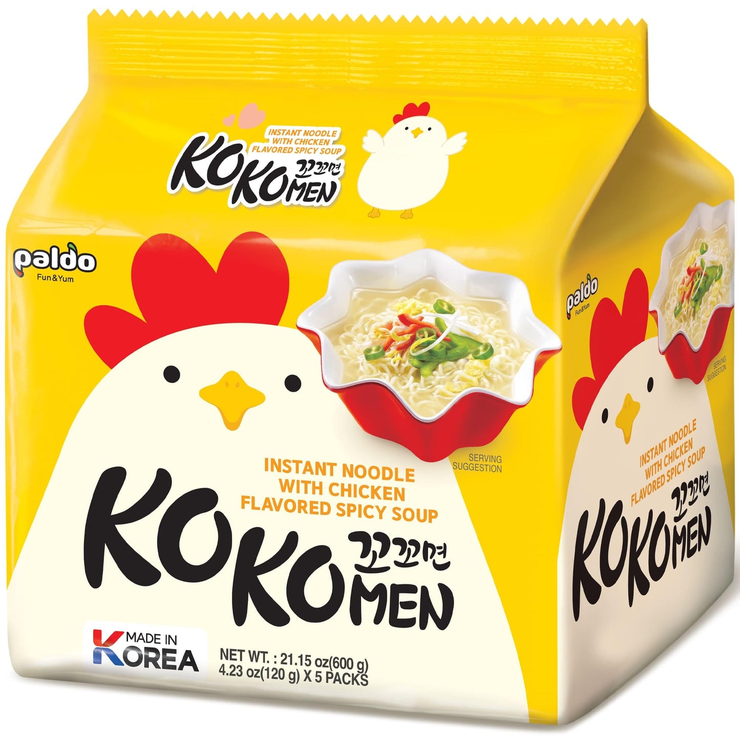 Paldo Fun & Yum Kokomen Ramen Hot Spicy Instant Noodles with Soup, Pack of 5, Chicken Based Broth, Best Oriental Style Korean Ra