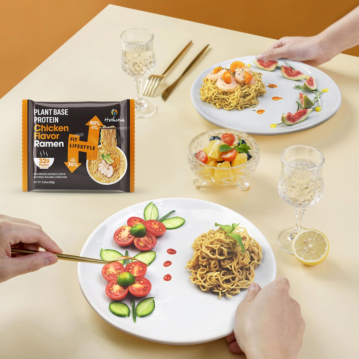 Hethstia High Protein Ramen Soup- 6 Pack Instant Ramen Chicken Flavor, Plant-Based Protein (32G), Vegan, Vegetarian, Non-Gmo, Lo