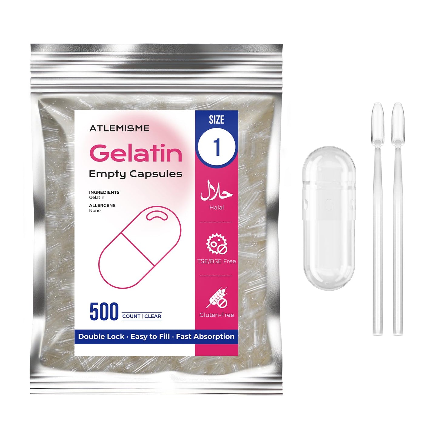 ATLEMISME Gelatin Capsules Size 1 - 500 Count, Clear, Includes 2 Micro Lab Spoons, Model 6372231011