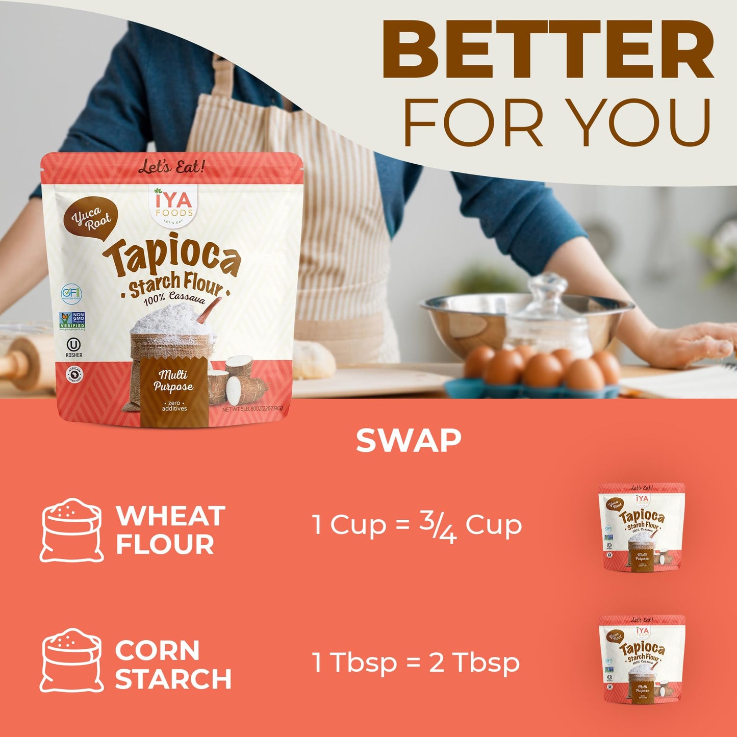 Iya Foods Tapioca Starch Flour - All Purpose Flour Organic, Grain-Free, Non-Gmo & Kosher Verified - Multi Purpose Substitute; Ma