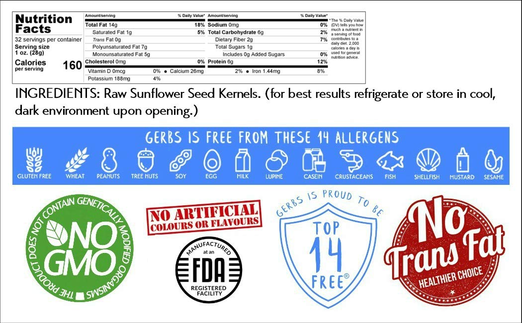 GERBS Raw Sunflower Seed Kernels, Non-GMO, Vegan, Kosher, 2 LBS, Allergen-Free, USA Made