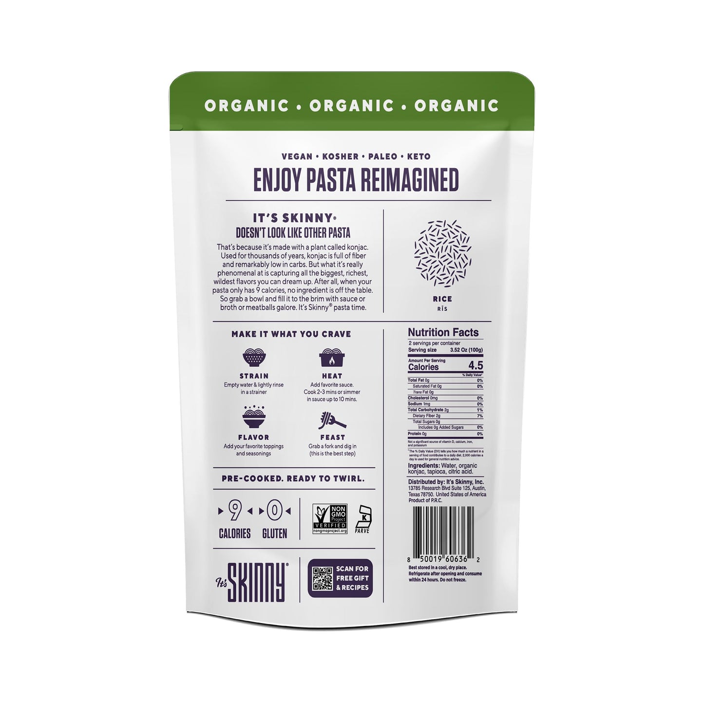 It's Skinny Organic Orzo Pasta - Rice Shaped Pasta Pre-Cooked Konjac Noodles Pasta, Low Carb & Low Calorie High Fiber, Sugar Fre