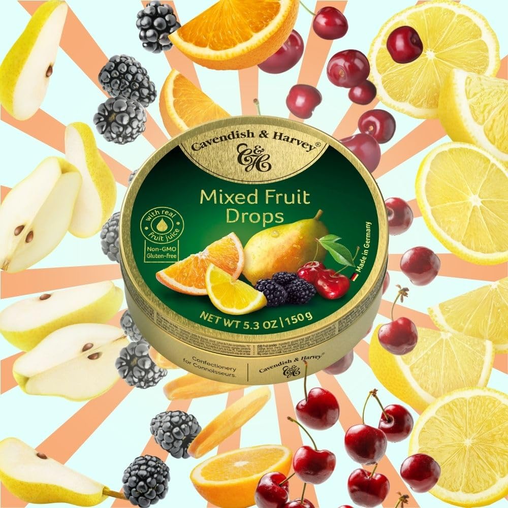 Cavendish & Harvey | Mixed Fruit Hard Candy Drops | 5.3 Ounce Tin - 12 Pack