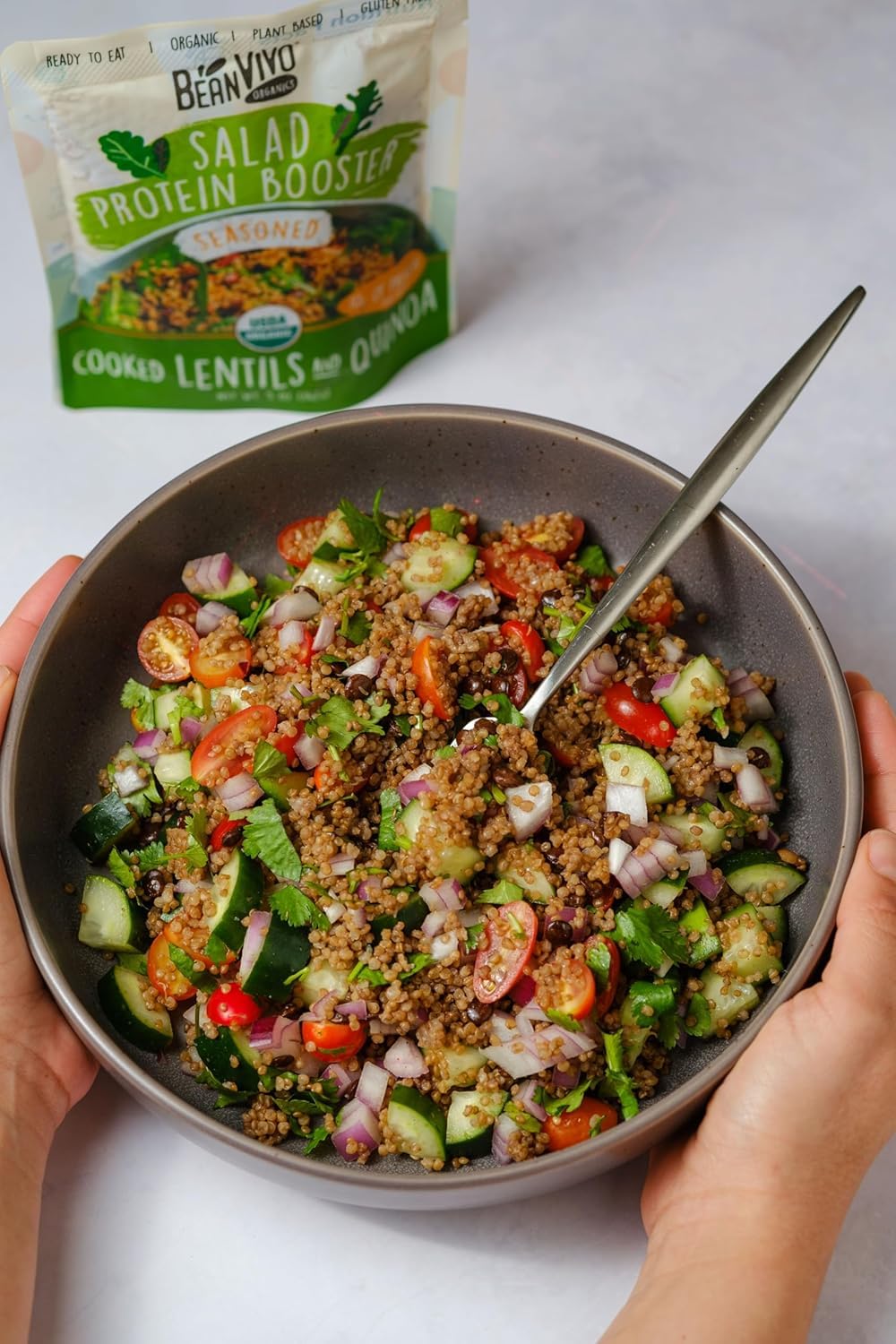 Beanvivo 6-Pack Salad Protein Booster - Organic Lentils & Quinoa, Fully Cooked And Seasoned, Delivering A Burst Of Taste And 10G