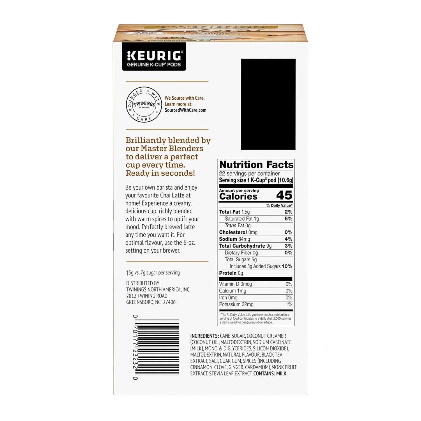 Twinings Chai Latte Black Tea K-Cup Pods for Keurig, 22 Count (Pack of 1), Creamy, Slightly Sweet, Less Sugar, Caffeinated, Enjo