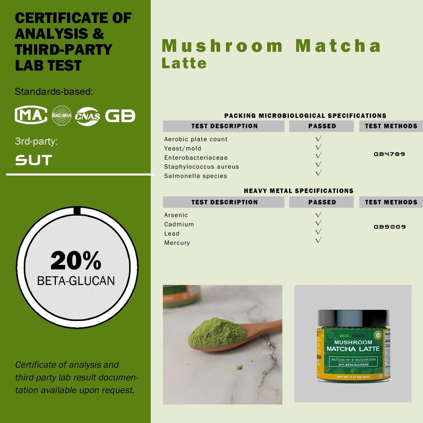 Eco-Taste Mushroom Matcha, 6 Super Mushrooms With 20% Beta-Glucan, Ceremonial Grade Matcha Latte Powder, 3.17Oz