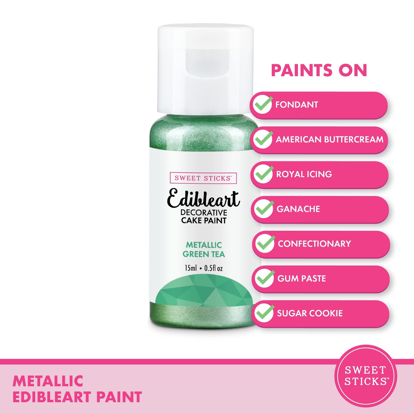 SWEET STICKS Edible Art Decorative Cake Paint 0.5 Oz Metallic Green Tea