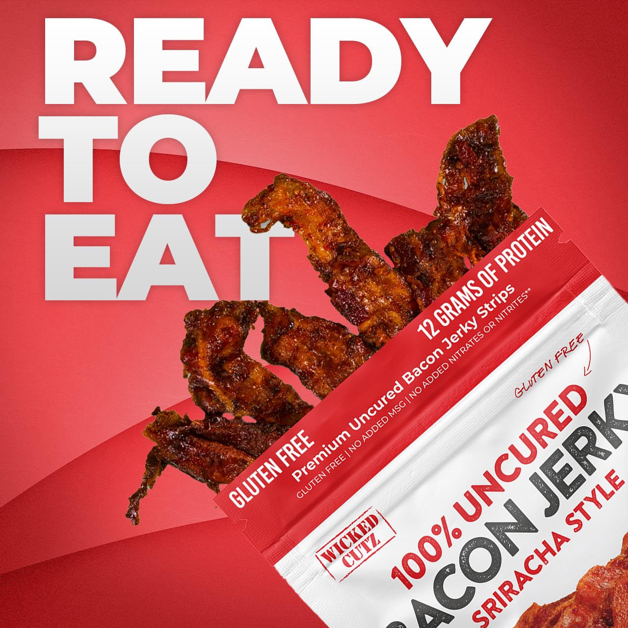 Wicked Cutz Sriracha Flavored Bacon Jerky, 12G Protein Per Bag, Tender & Easy To Chew Fully Cooked Bacon, Usa Made High Protein