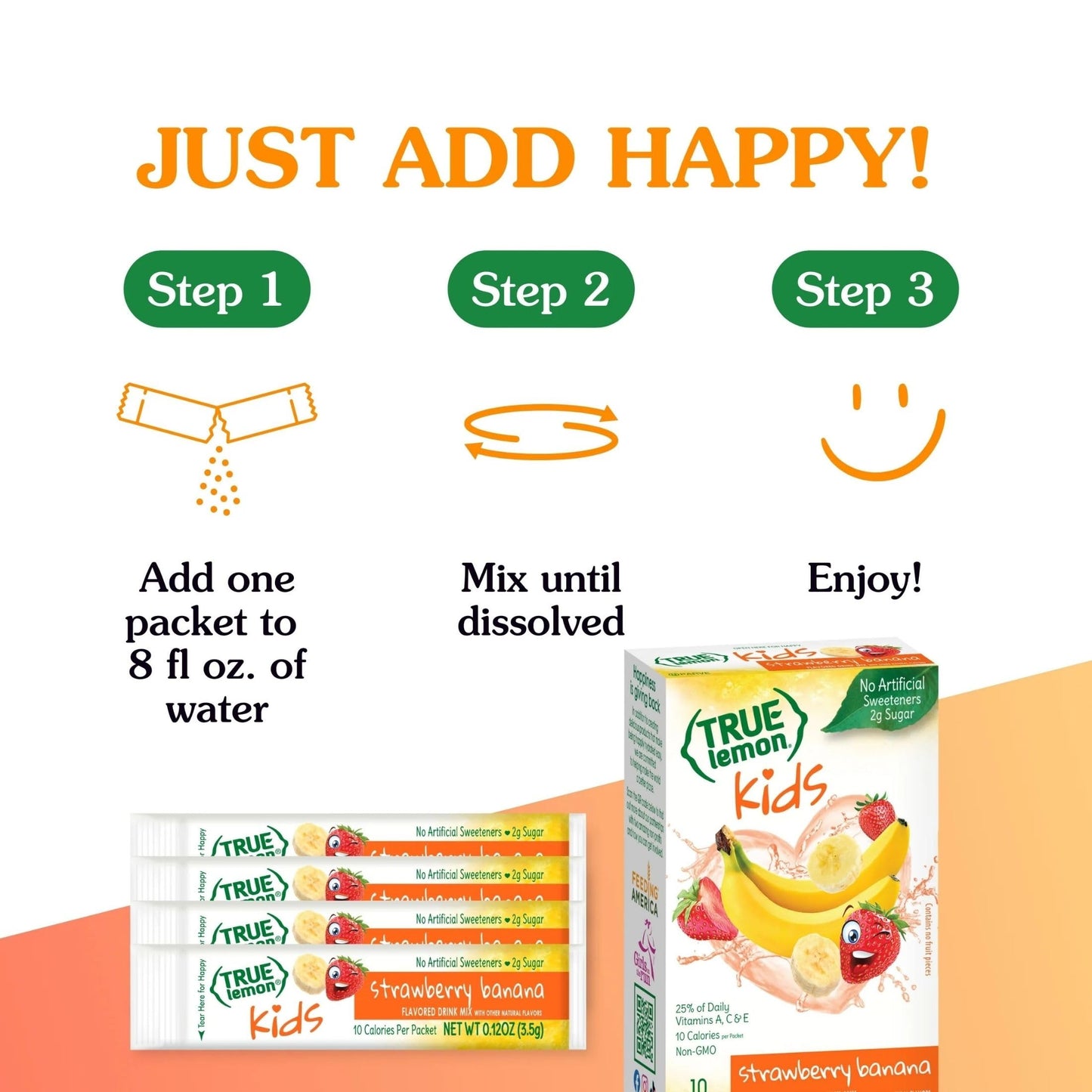 TRUE LEMON Strawberry Banana Kids Drink Mix (10 Packets) - No Preservatives or Artificial Flavors - Low Sugar Hydration Powder f