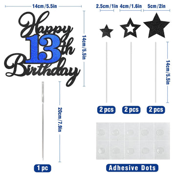 OffiCreative Happy 13th Birthday Cake Toppers Set - Black Blue Glitter Plastic Decorations for Birthday Anniversary Party Supplies