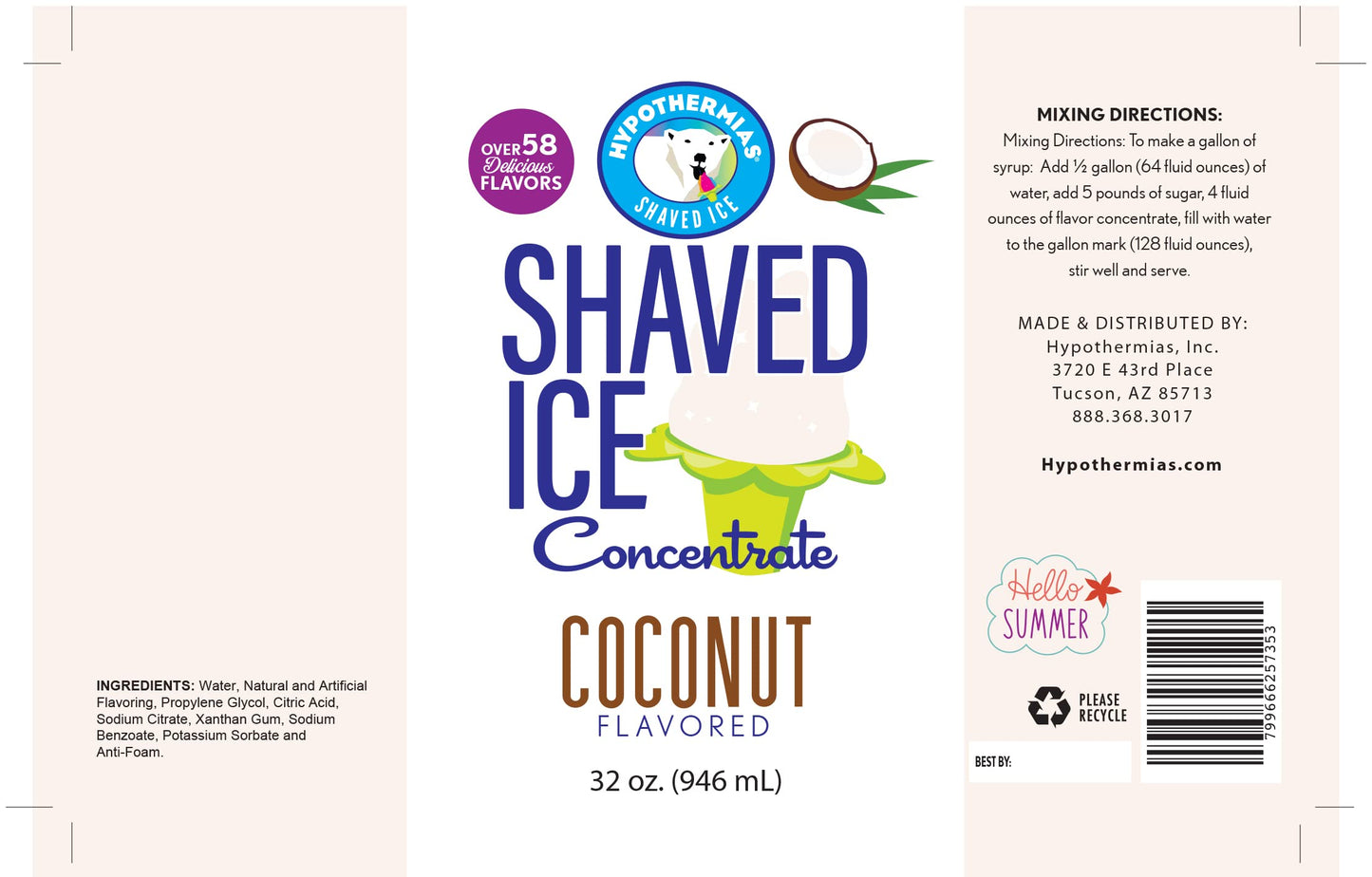 Hypothermias Coconut Shaved Ice and Snow Cone Syrup Concentrate - 32 Fl Oz - Makes 8 Gallons - Unsweetened, Add Sweetener and Water