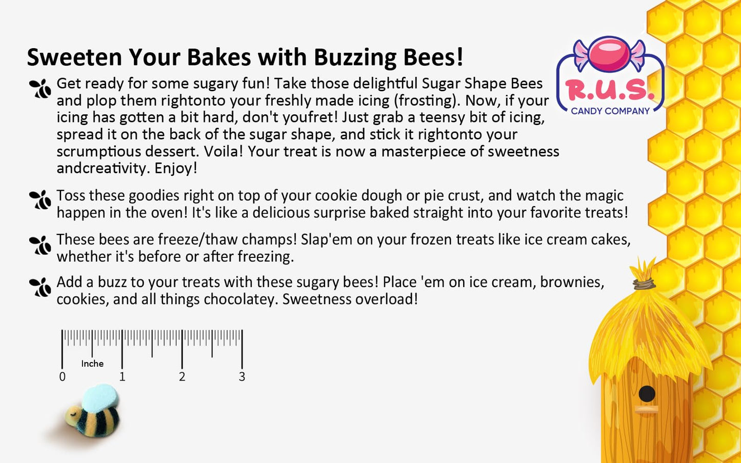 Bees Cake Decorations- Bumble Bee Shaped Edible Hard Sugar Decorations, 12 Pcs By R.U.S. Candy Company