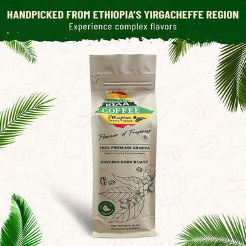 Kiaa Ethiopian Enhanced Ground Dark Roast - 12Oz, 100% Organic Arabica, Full-Bodied Bold Flavor, Rich & Smooth, Perfect For Espresso, French Press & Drip Brewing, Freshly Roasted