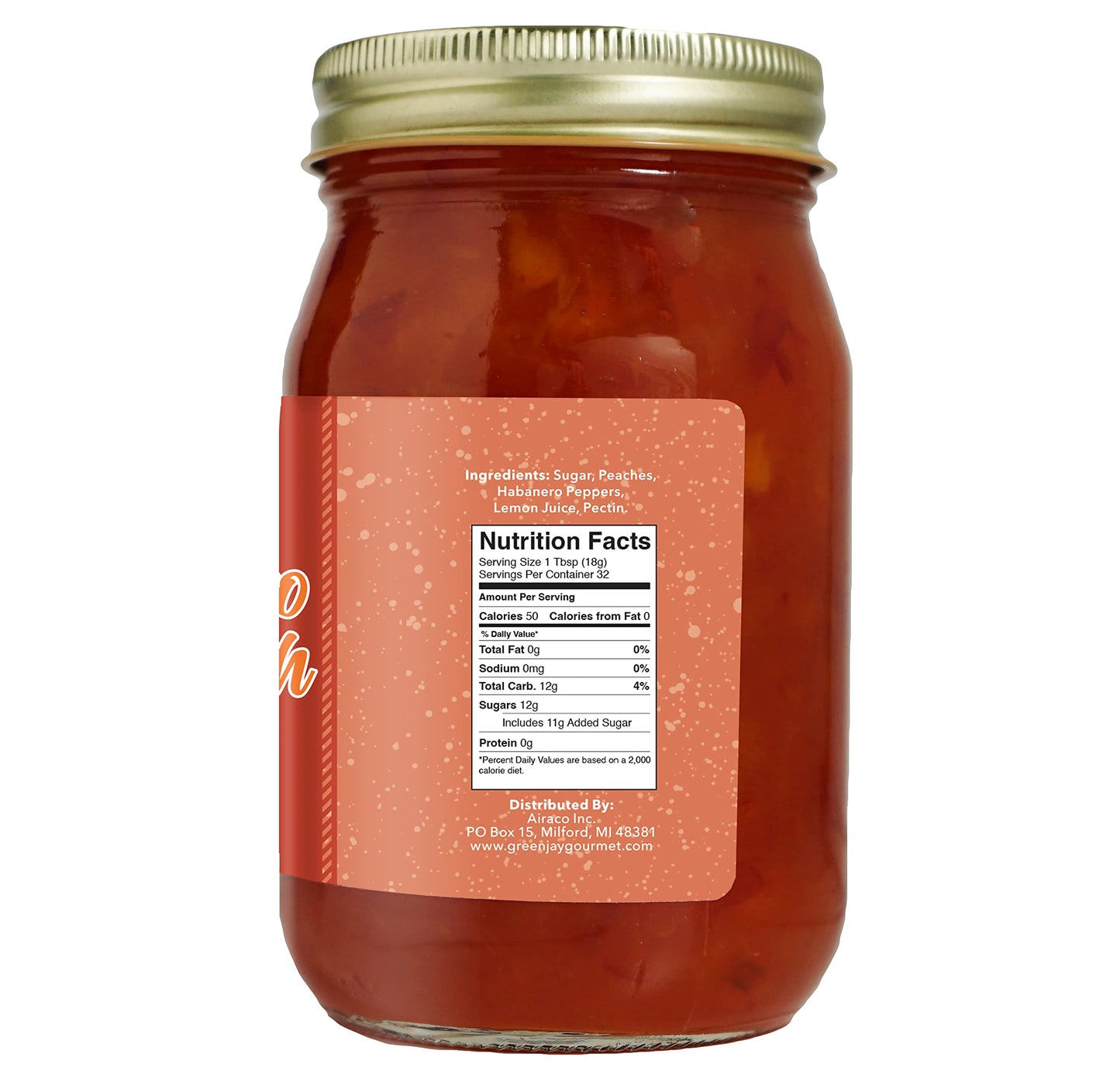 Green Jay Gourmet Peach Habanero Jam - All-Natural Vegan, Gluten-Free, No Preservatives - 20 Ounces