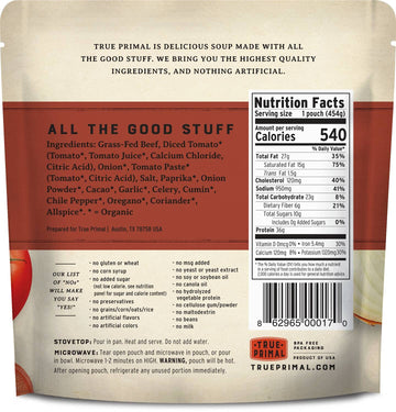 True Primal Beef Chili 8-Pack, Gluten-Free, No Beans, Paleo, Keto, 16 oz Ready to Eat, Grass-Fed Beef, Whole30 Approved