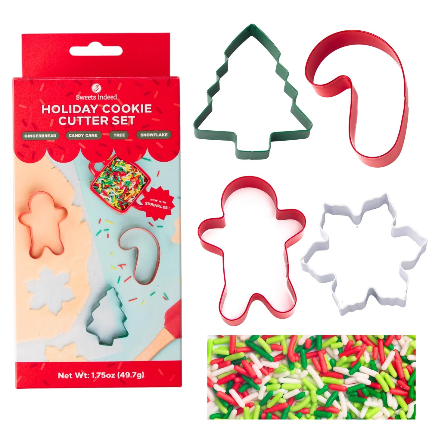 Sweets Indeed Christmas Cookie Cutters With Sprinkle Mix - 4-Pack Tree Candy Cane Snowflake & Flavor Blendgerbread Man + 1.5 Oz Red White & Green Holiday Sprinkles