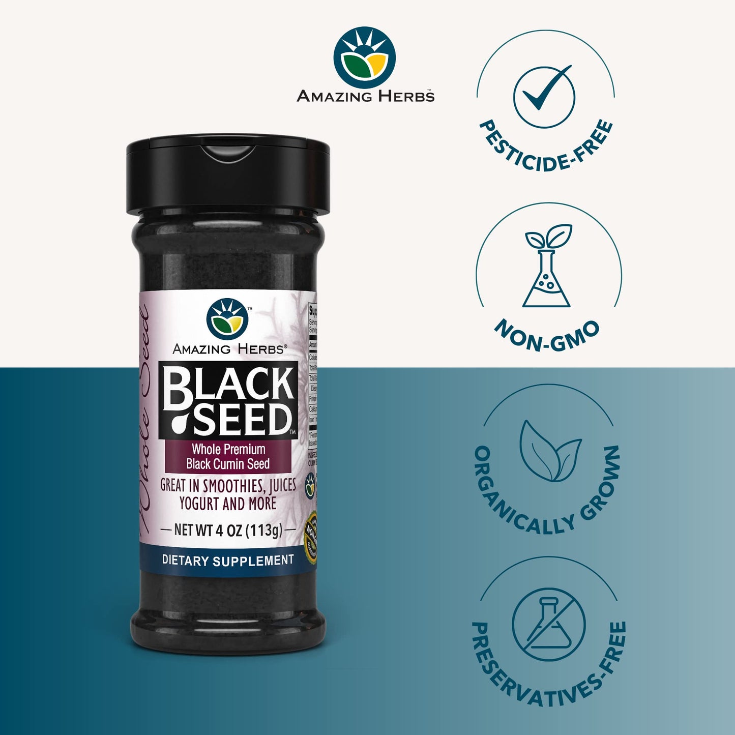 Amazing Herbs Whole Premium Black Cumin Seed - Nigella Sativa Seeds, Organic, Gluten-Free, Non-Gmo, Supports Immune System, Card