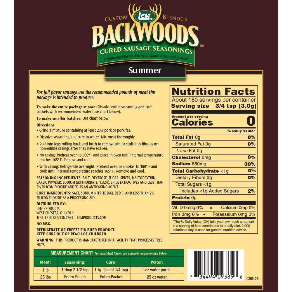 Lem Backwoods Cured Sausage Seasoning With Cure Packet, Summer Sausage