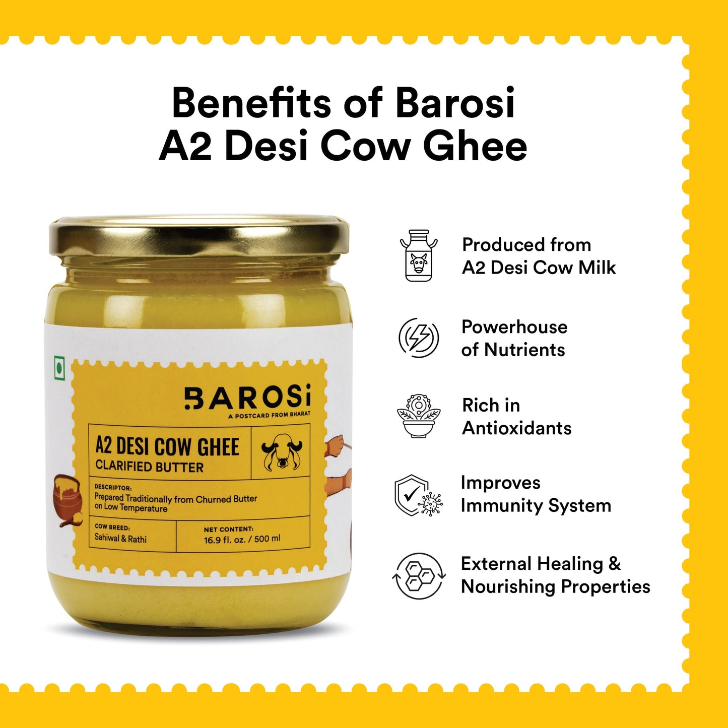 Barosi A2 Cow Ghee 17 Ounce, Clarified Butter, Produced From Grass Fed A2 Cow Milk, Hand Crafted, Aromatic & Pure, Sustainable Glass Packaging