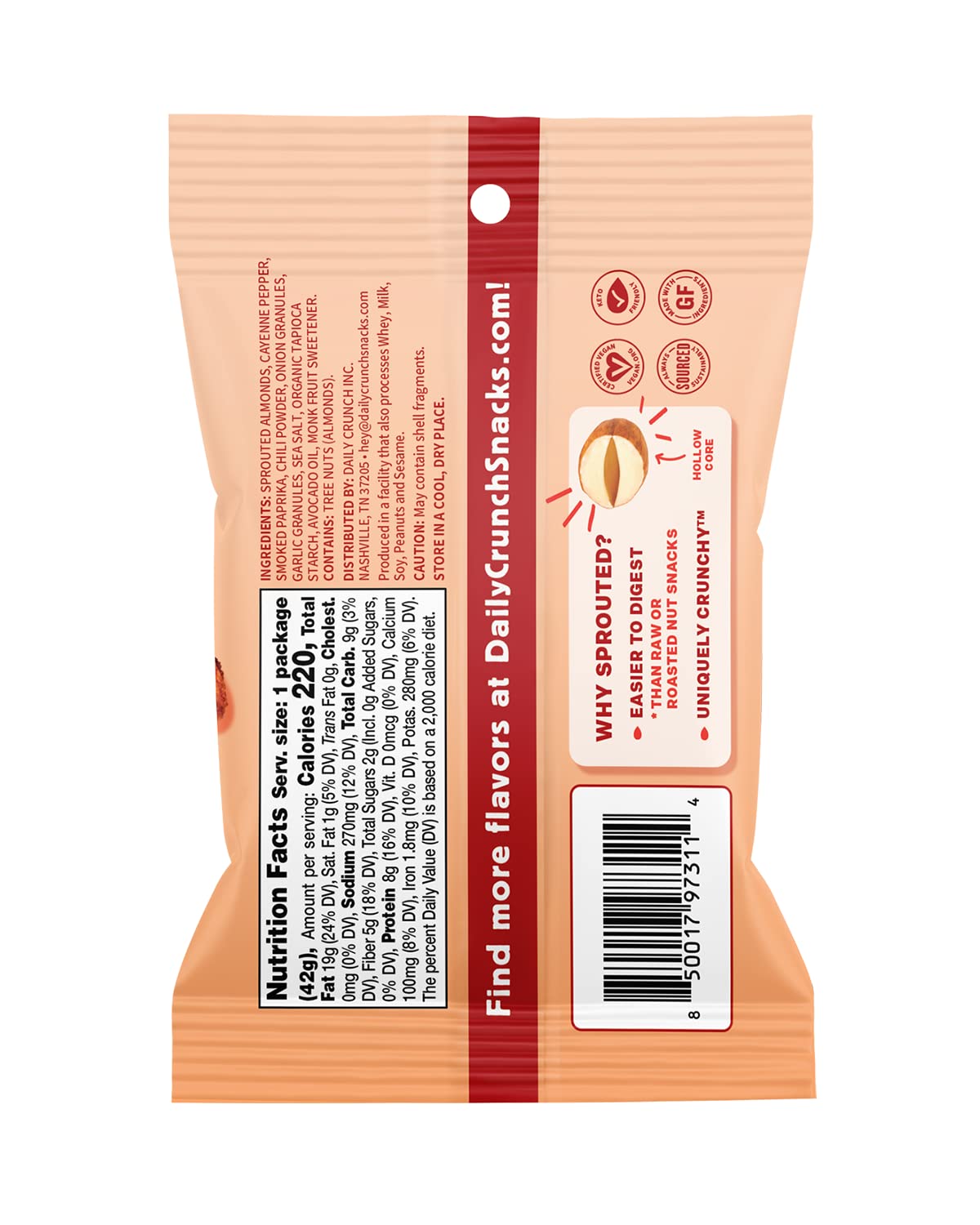 Daily Crunch, Nashville Hot Sprouted Almonds, Minis (1.5Oz, Pack Of 8) - Sprouted And Dehydrated For A Unique Crunch, Keto Frien