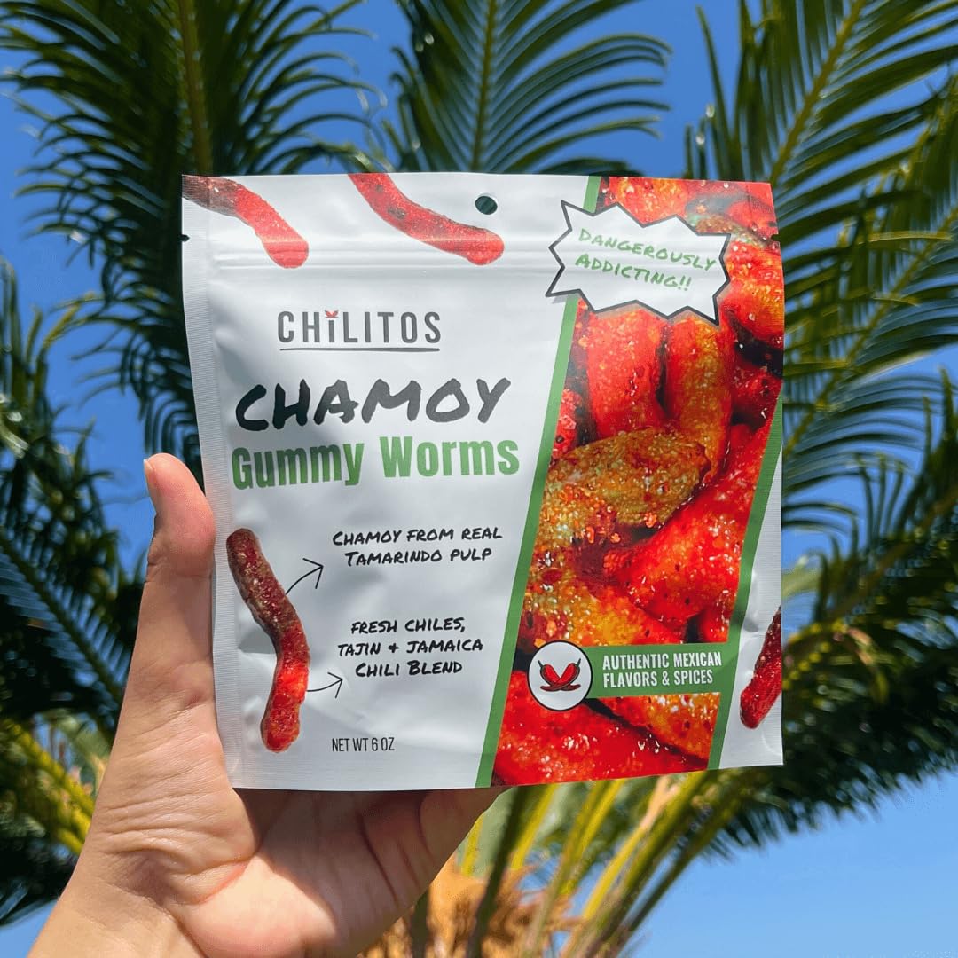 Chilitos Sweet, Sour & Spicy Chamoy Candy - Gummy Worms, 6 oz Bag, Authentic Mexican Dulces Enchilados