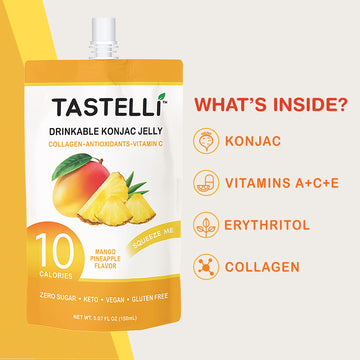 Tastelli Konjac Jelly Drink with Collagen & Vitamin C, 10 Cal, Vegan, Mango Pineapple, 150mL, Pack of 10 Pouches
