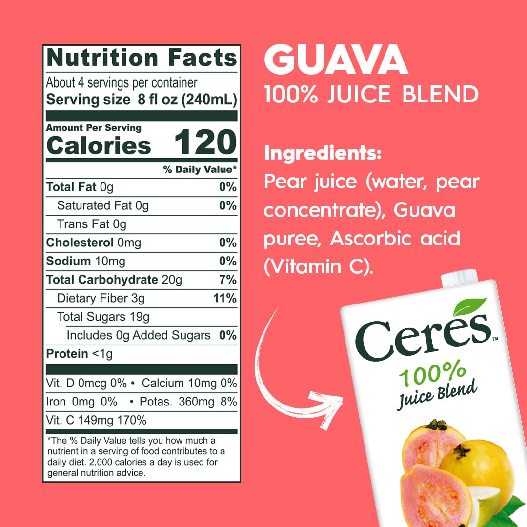 Ceres 100% Pure Fruit Juice Blend - Delicious Guava - Rich In Vitamin C, No Preservatives, Cholesterol Free, Gluten Free 33.8 Fl Oz (Pack Of 6)