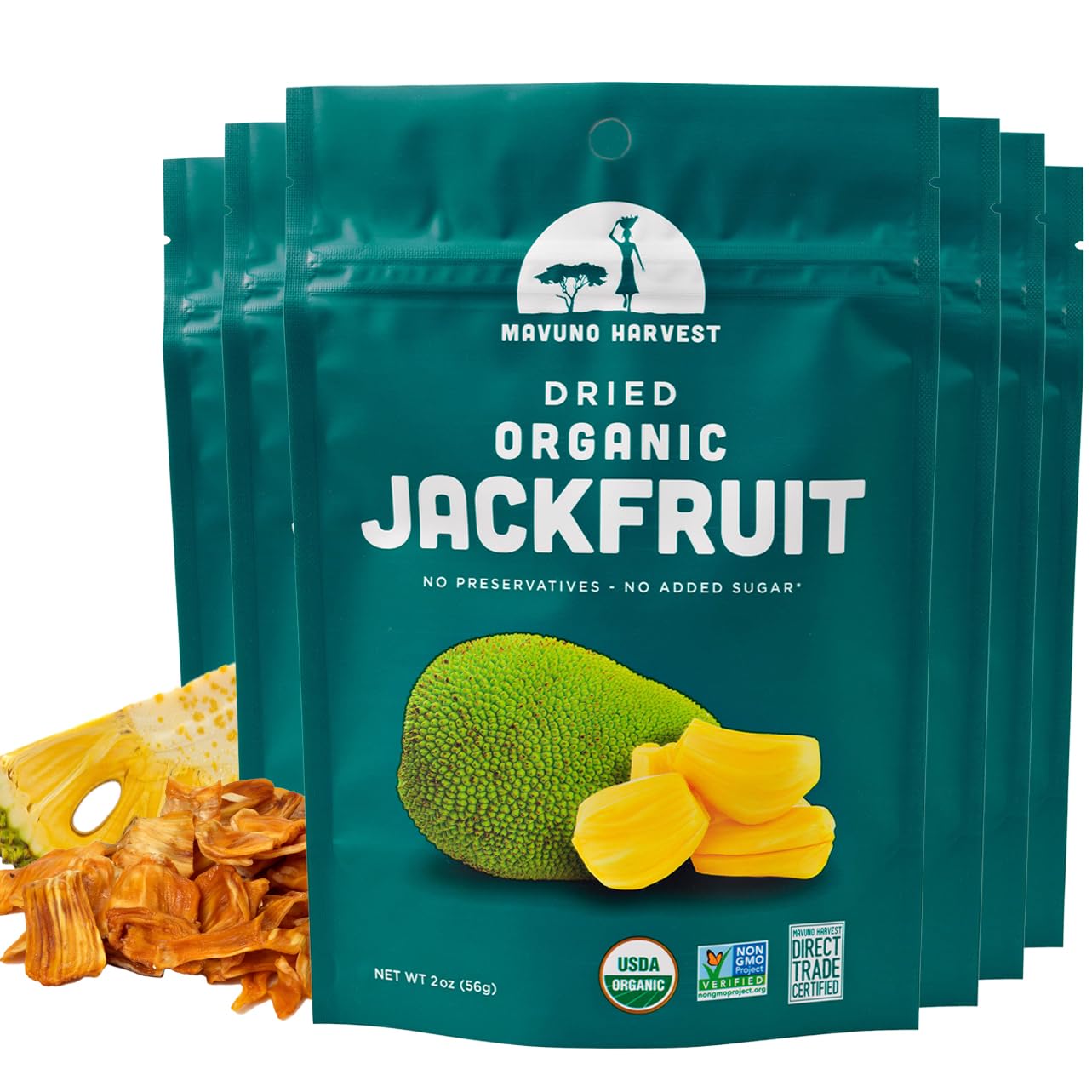 Mavuno Harvest Jackfruit Dried Fruit Snacks | Unsweetened Organic Dried Jackfruit Chips | Gluten Free Healthy Snacks For Kids And Adults | Vegan, Non Gmo, Direct Trade | 2 Ounce, Pack Of 6