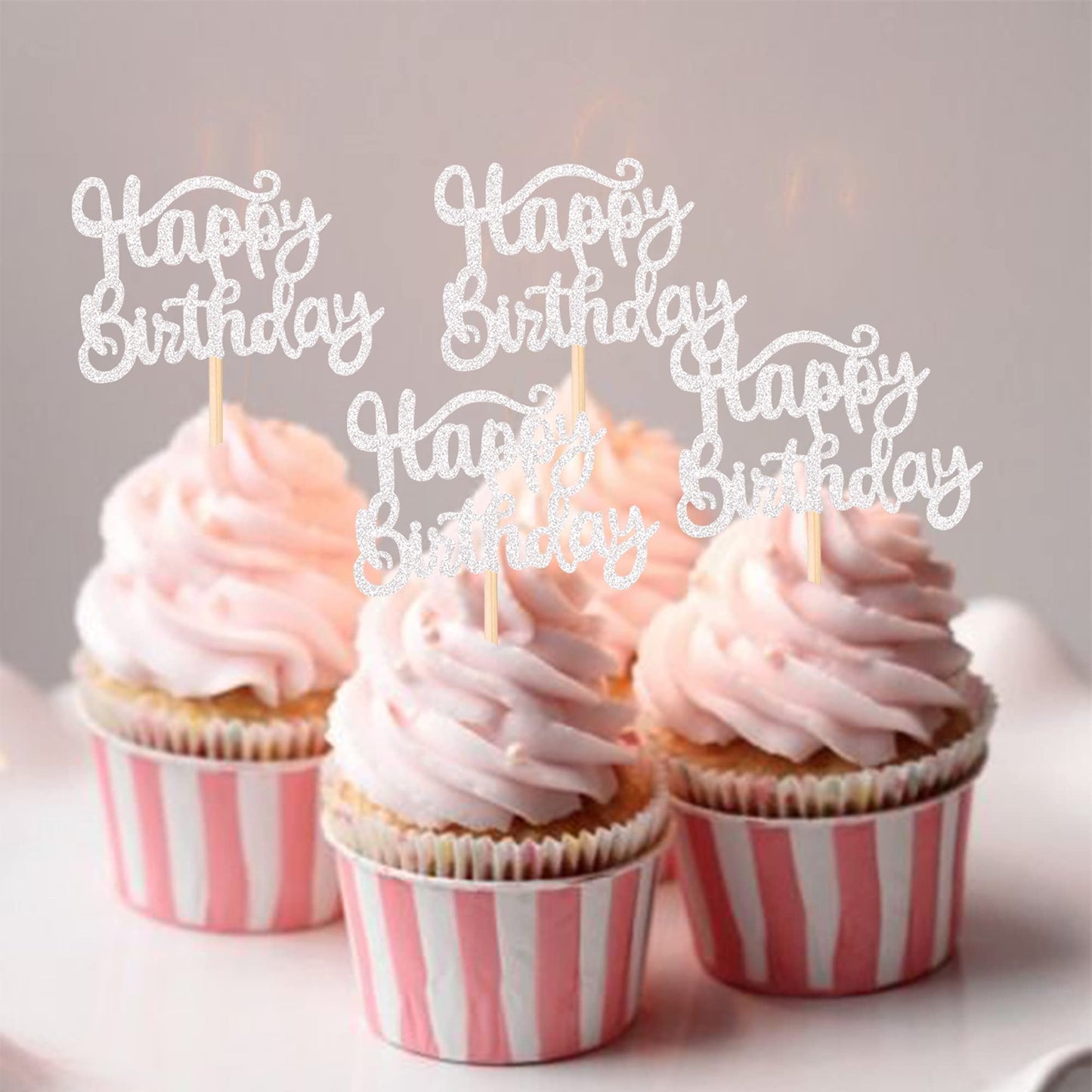 36 Pcs Happy Birthday Cupcake Toppers Glitter Birthday Cupcake Picks Decorations For Celebrating Birthday Party Supplies Silver