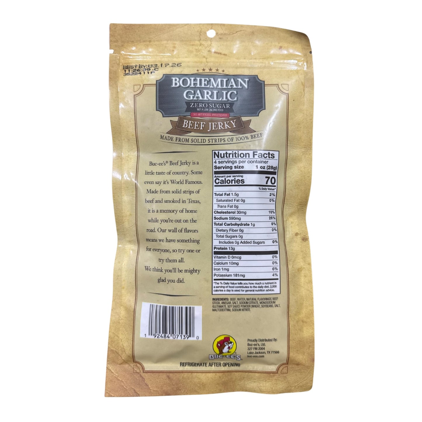 Buc-ees Smoked Beef Jerky, Zero Sugar, 10g Protein, 4oz Bag, Paleo & Carnivore Diet Snack