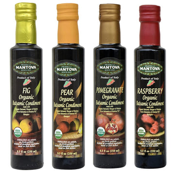 Mantova Organic Flavored Balsamic Vinegar Of Modena 4-Variety Pack: Fig, Pear, Pomegranate, & Raspberry; Perfect For Gift Basket, Add To Pasta, Salad, Ice Cream And Cocktails, 8.5 Oz Per Bottle