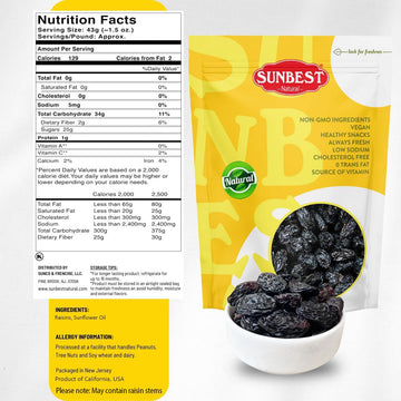Sunbest Natural Jumbo Raisins Black 48 Oz (3 Lbs) - Plump & Juicy, Rich In Healthful Nutrients & Dietary Fiber - Resealable Bag - Ideal For Snacking, Cooking & Baking - Long Lasting Freshness