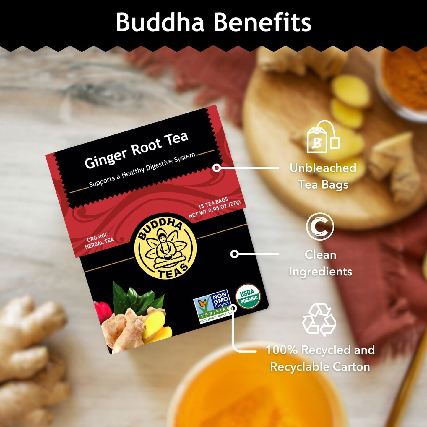 Buddha Teas Organic Ginger Root Tea - Caffeine-Free, Kosher - 18 Bleach-Free Tea Bags - 18 Count