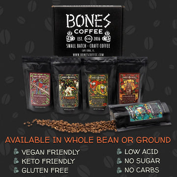 Bones Coffee Company New World Tour Sample Pack | Ground Coffee Beans Sampler Gift Box Set | 4 Oz Pack Of 5 Assorted Single-Orig