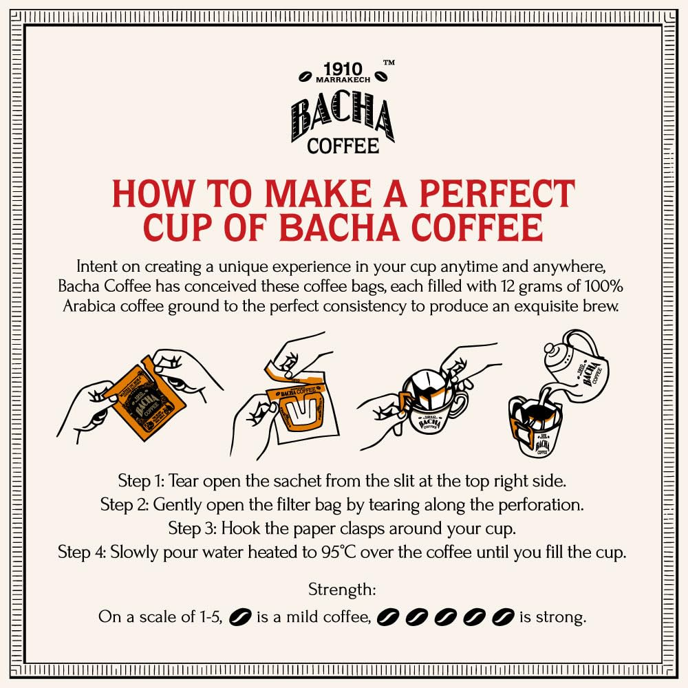 Bacha Coffee | Marocchissimo! Fine Flavoured, 100% Arabica Beans, Medium Roast, X12 Individually Wrapped Single Serve Filter Bag
