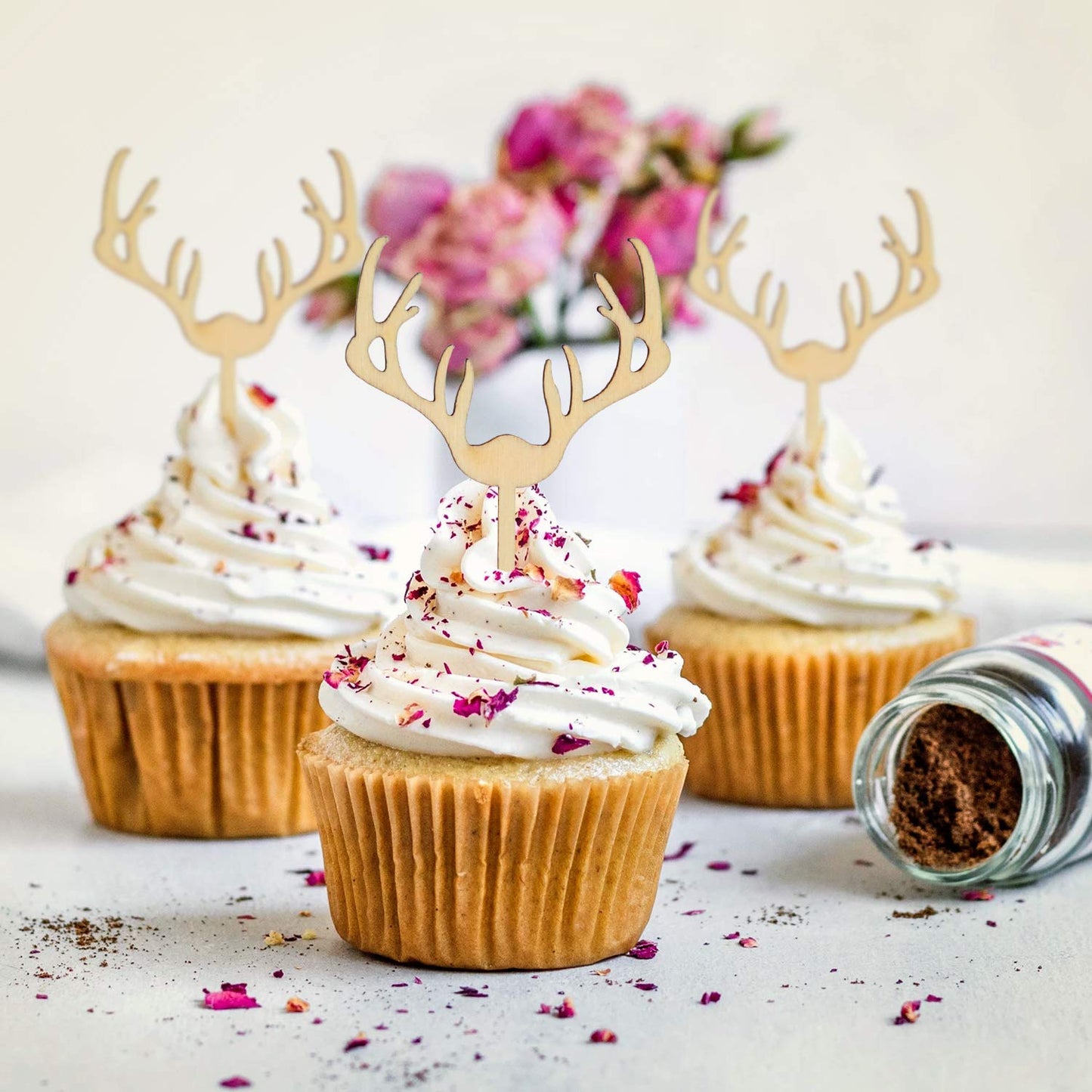AUMIO Wooden Deer Cupcake Toppers Set of 24, Natural Earthy Tone, AU-01, Baby Shower/Wedding Party Decorations