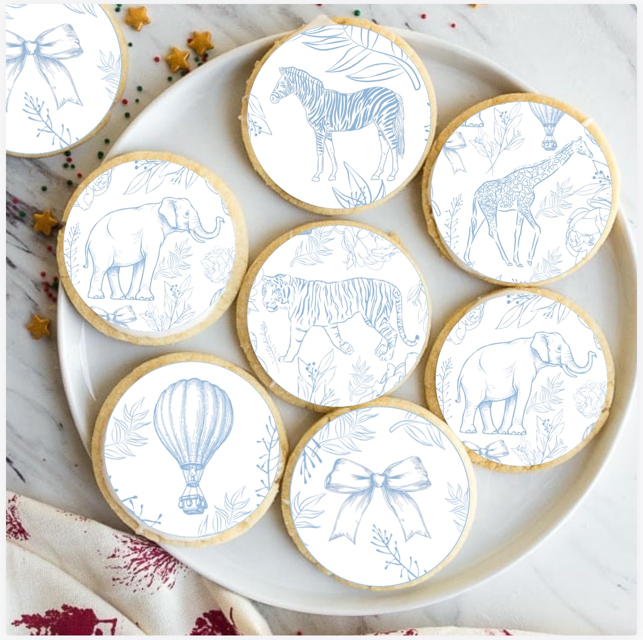 Safari Adventure Edible Cupcake Toppers Blue Toile Design With Jungle Animals 2 Inch Round 12 Pack Pre-Cut Option For Baby Shower Cookies And Cupcake Toppers Icing Sheet Vintage Jungle Design