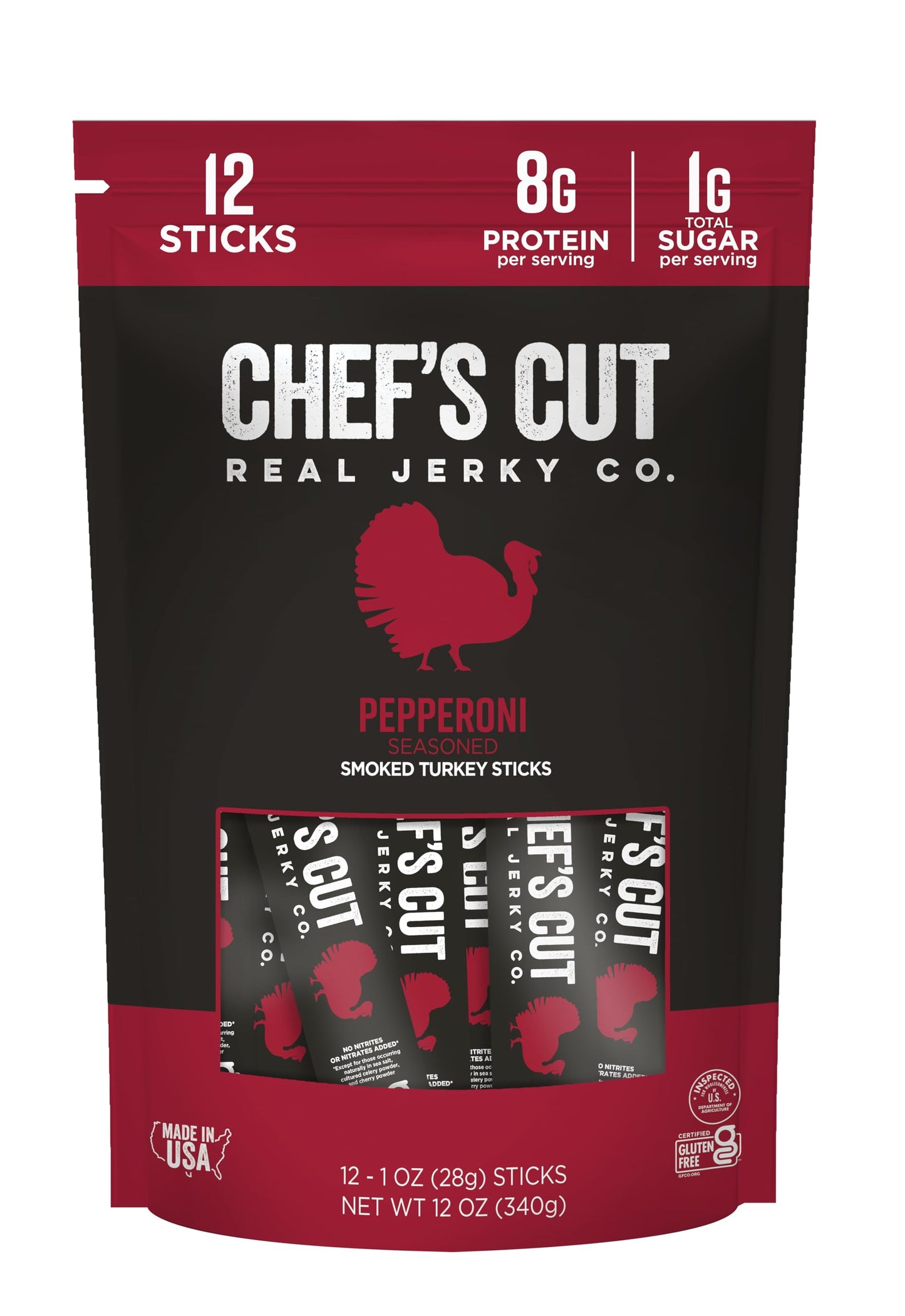 ChefS Cut Rich Flavor Turkey Jerky Meat Sticks Pepperoni Seasoned (1 Ounce Stick Pack Of 12) - High Protein 8G Protein 60 Calories Gluten-Free Keto Friendly Snack Low Carb Snack Individually Wrapped