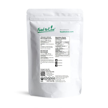 Food To Live Organic Whole Macadamia Nuts, 1 Pound - Non-Gmo, Raw, Shelled, Unsalted, Kosher, Vegan, Bulk. Keto Snack. Buttery F