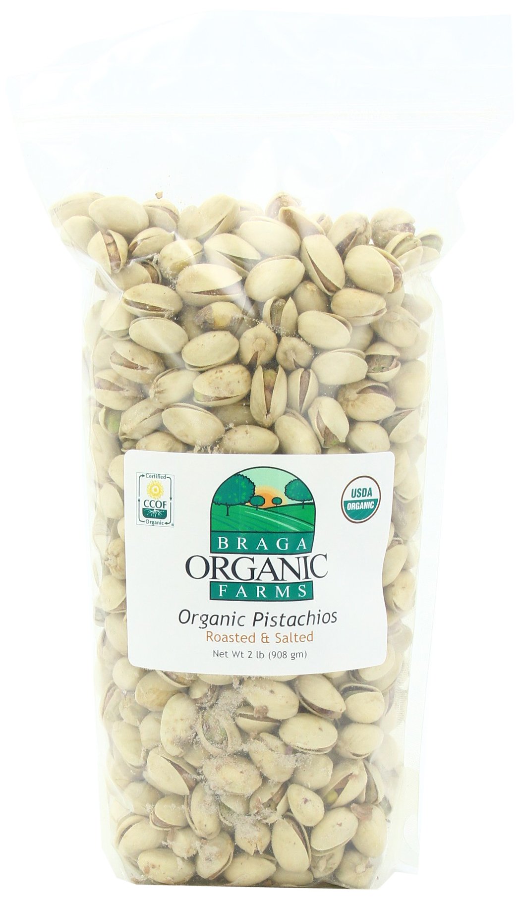 Braga Organic Farms 2 Pound Bag of Roasted/Salted Pistachios Inshell